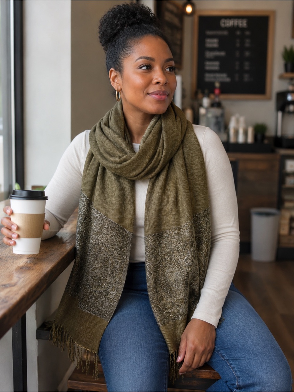 Olive and silver pashmina